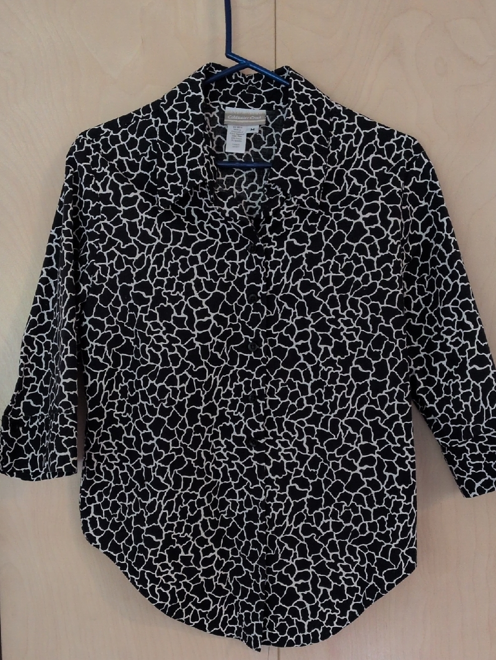 Coldwater Creek Black & White Printed Button-Down Cotton Shirt M 3/4 Sleeve